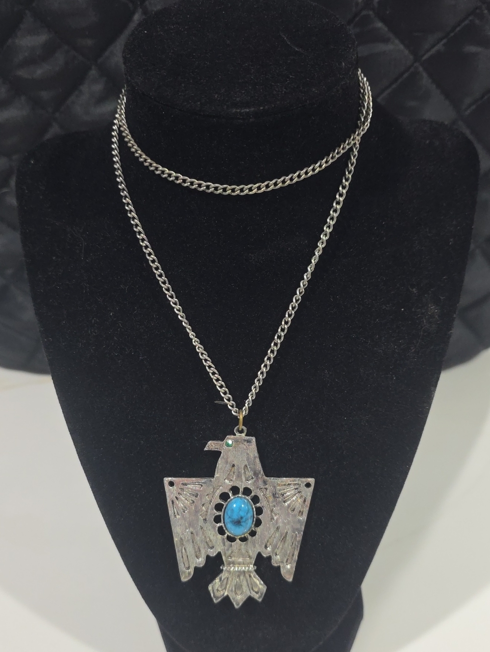 Turquoise Thunderbird Pendant Necklace - Silver Tone